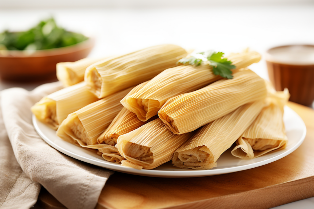 Tamales on a white platter garnished with a sprig of cilantro.