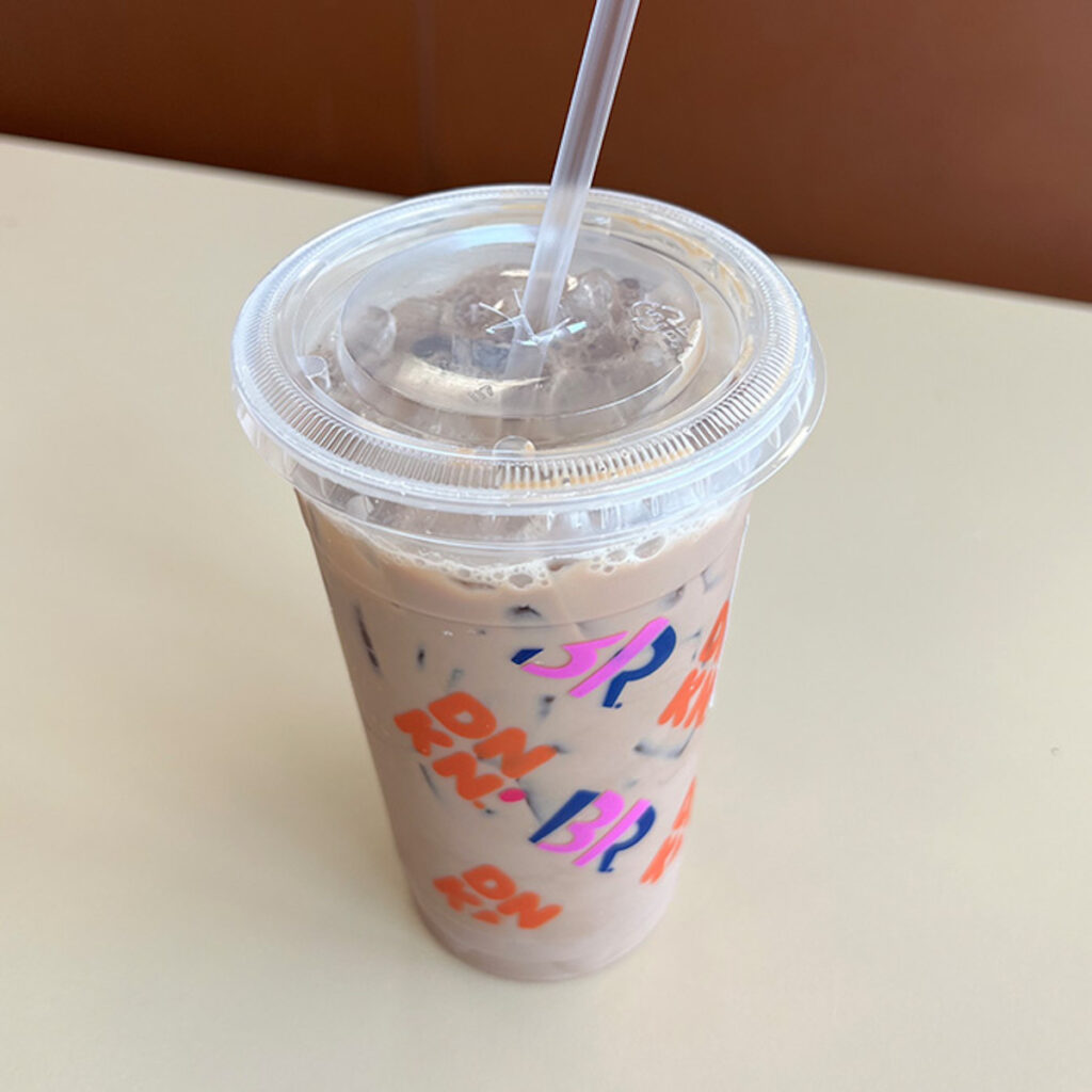 closeup of a dunkin' donuts iced coffee