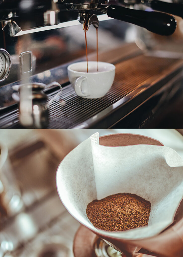 collate of coffee pouring into a cup and a coffee filter with fresh dry coffee grounds