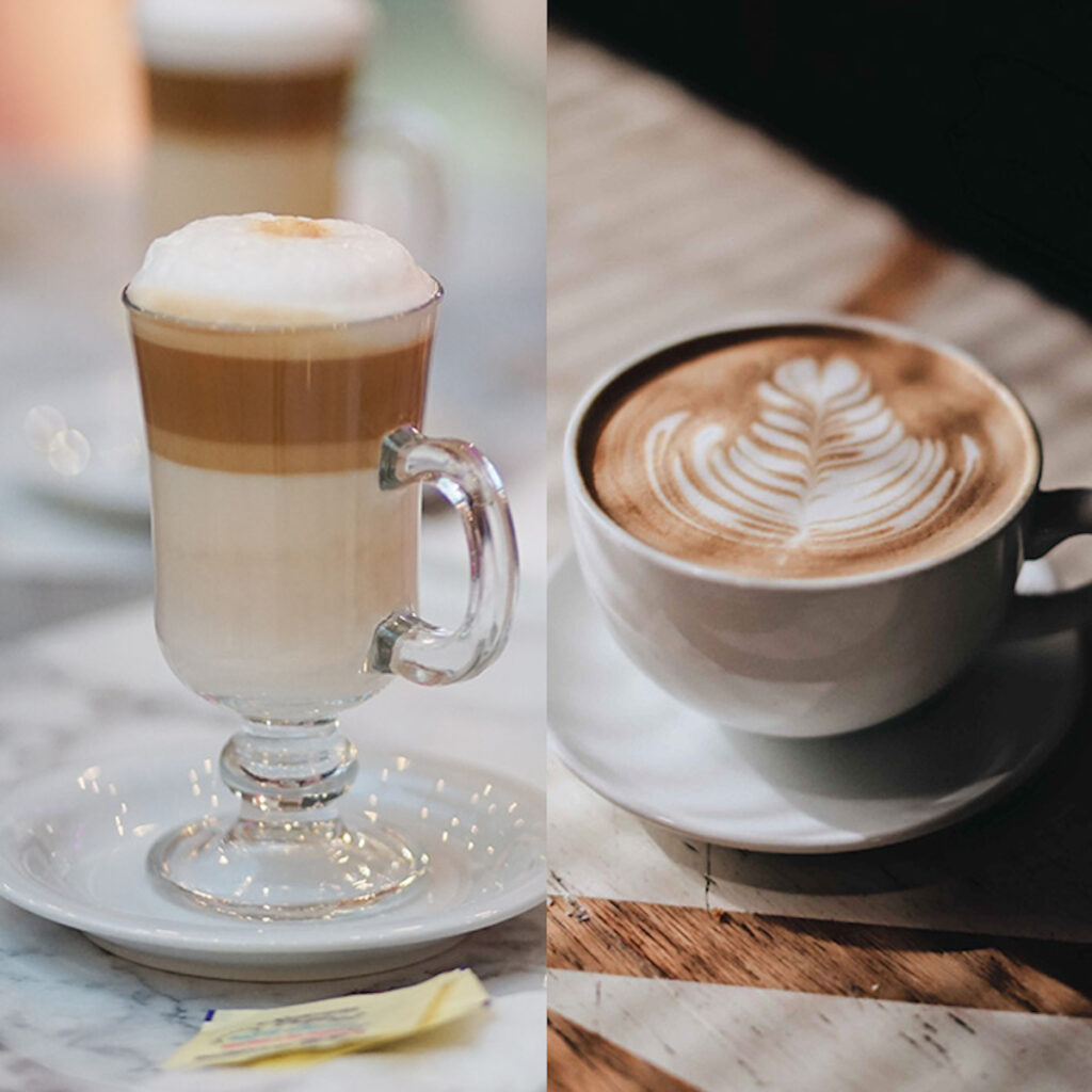 side by side images of heavily creamed and frothed lattes