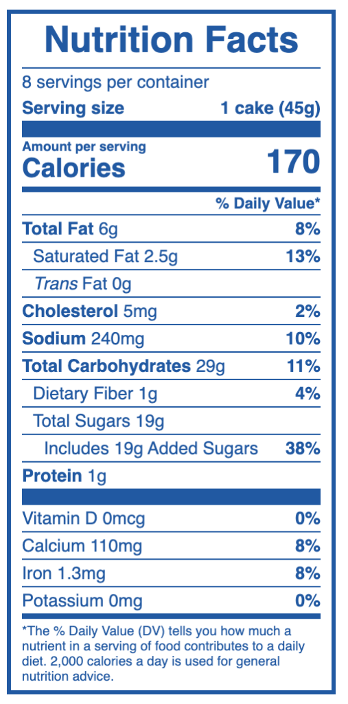 Nutrition Facts label for a Hostess cupcake
