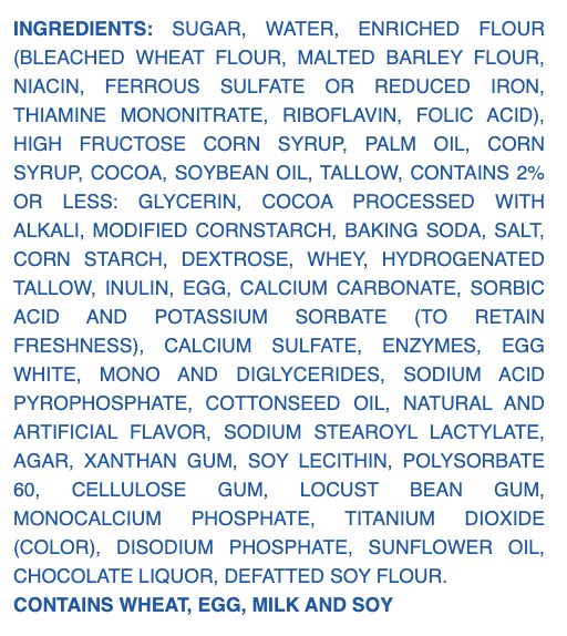 Ingredients label for Hostess cupcakes