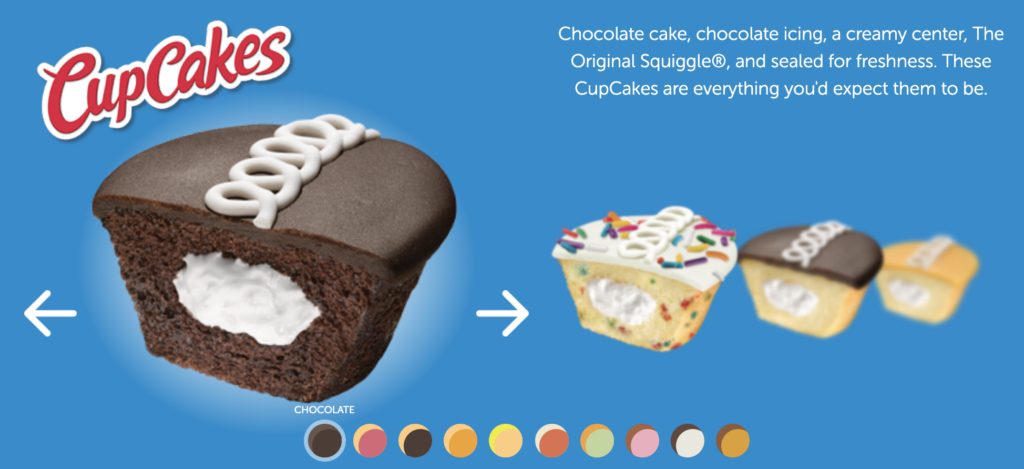Screen shot of Hostess cupcakes cupcake selector with images of different cake and icing combinations of hostess cupcakes