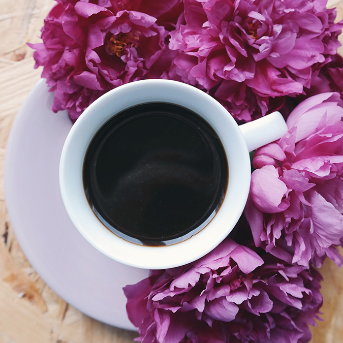 top view of plain coffee in a white cup on a saucer surrounded by pink flower petals