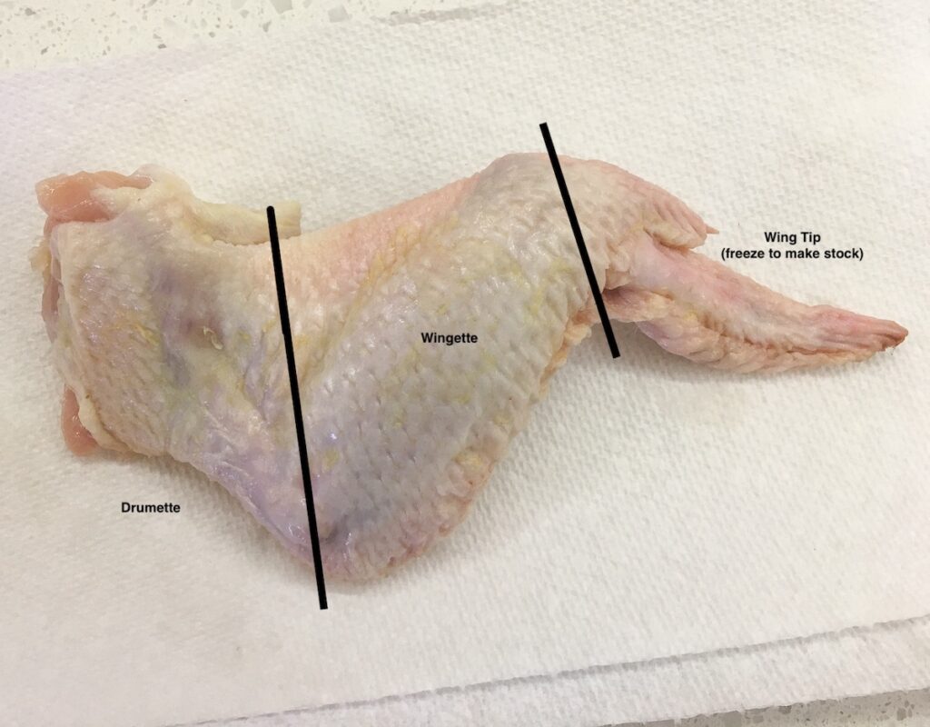 chicken wing on a paper towel annotated with where to trim it