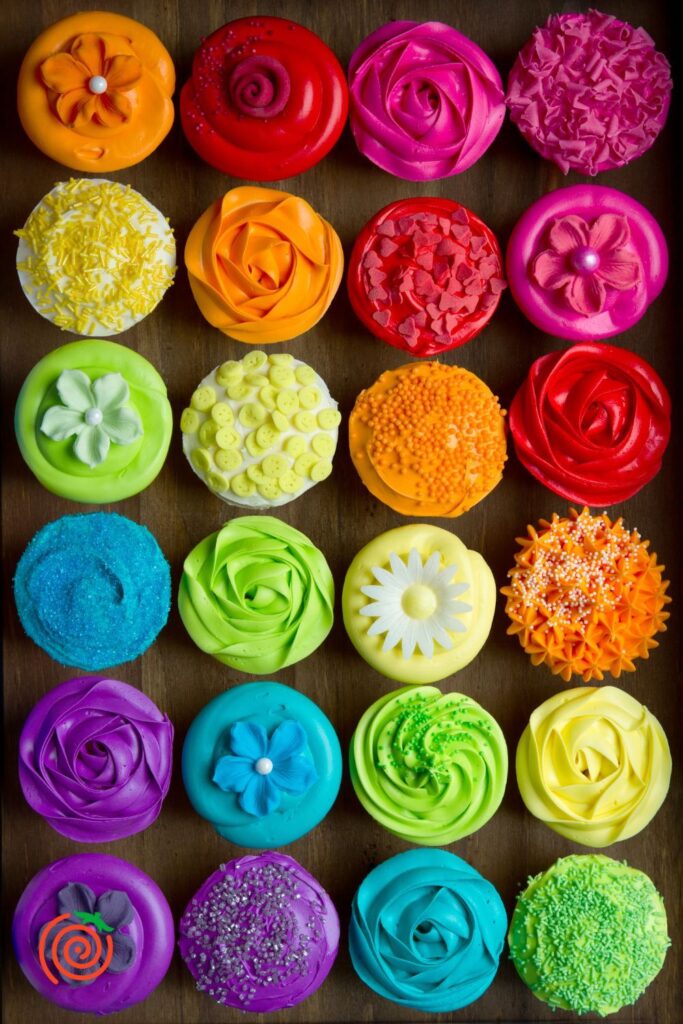 cupcakes of all colors arranged in a grid