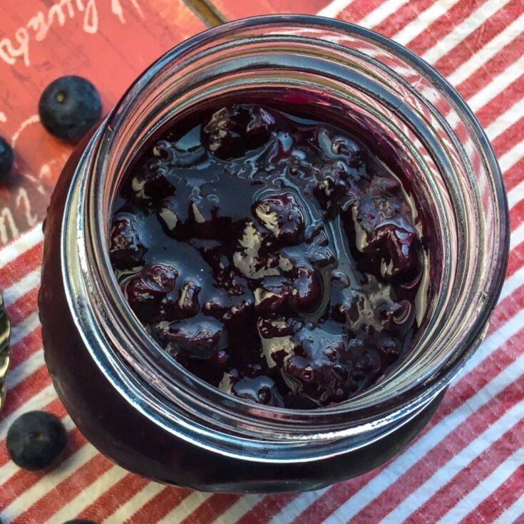 top view of instant pot blueberry maple compote on striped background