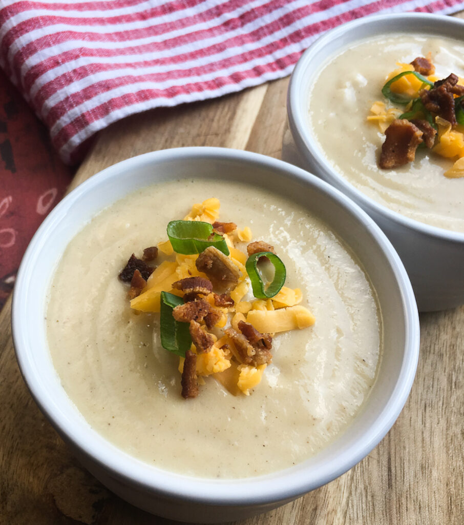 top view Instant Pot Cauliflower Leek soup from Flavor Portal recipe in two bowls