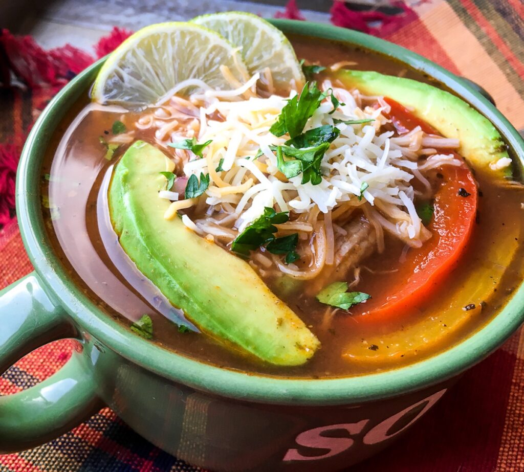 Instant Pot Chicken Fajita Soup from Flavor Portal recipe ina. green ceramic bowl