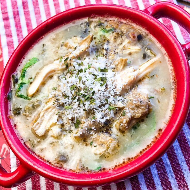 Instant Pot Chicken Florentine Soup from Flavor Portal recipe in a red ceramic bowl
