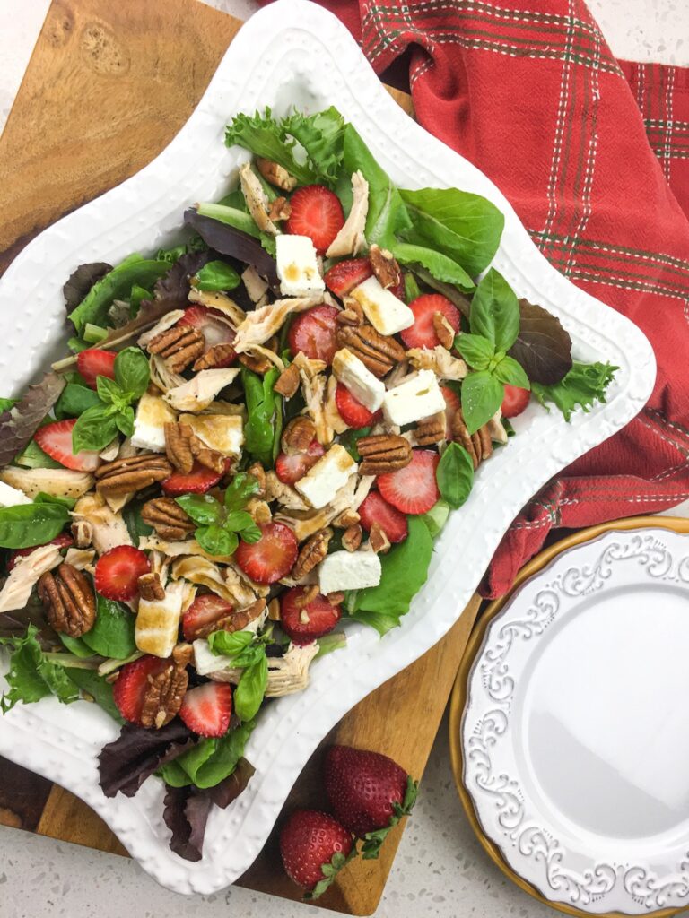 top view instant pot chicken salad from flavor portal recipe on a white platter