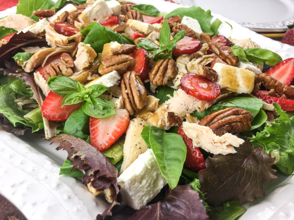 top view instant pot chicken salad from flavor portal recipe on a white platter