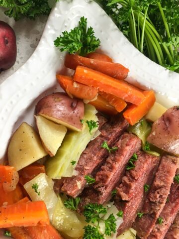 closeup top view Instant Pot corned beef and cabbage from Flavor Portal recipe