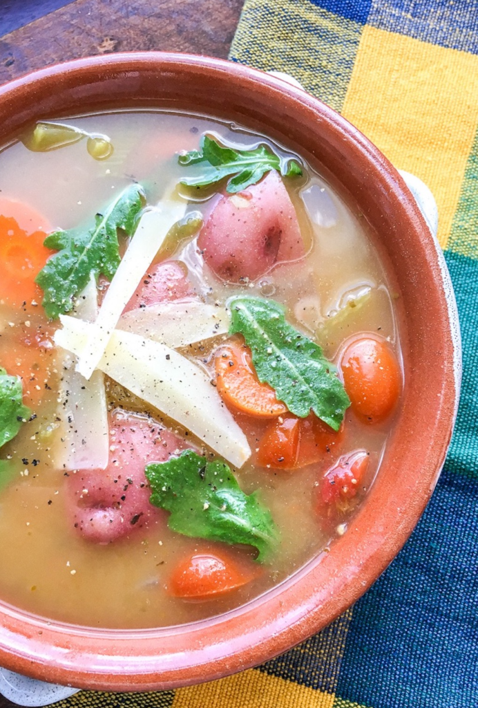 close up top view of instant pot vegetable garden soup