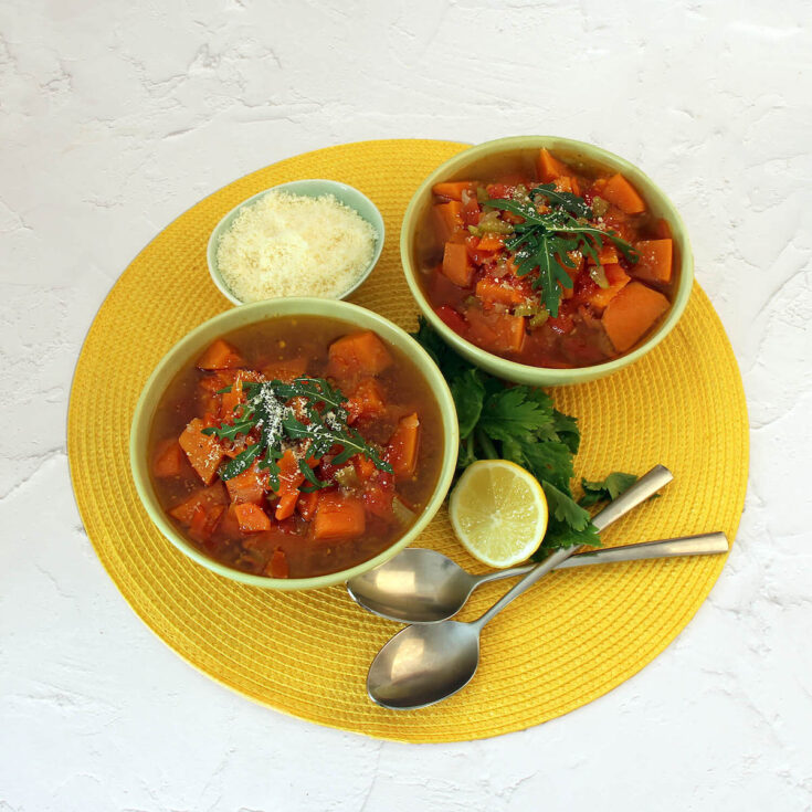 top view two bowls Instant Pot Sweet Potato Vegetable Soup from Flavor Portal Recipe