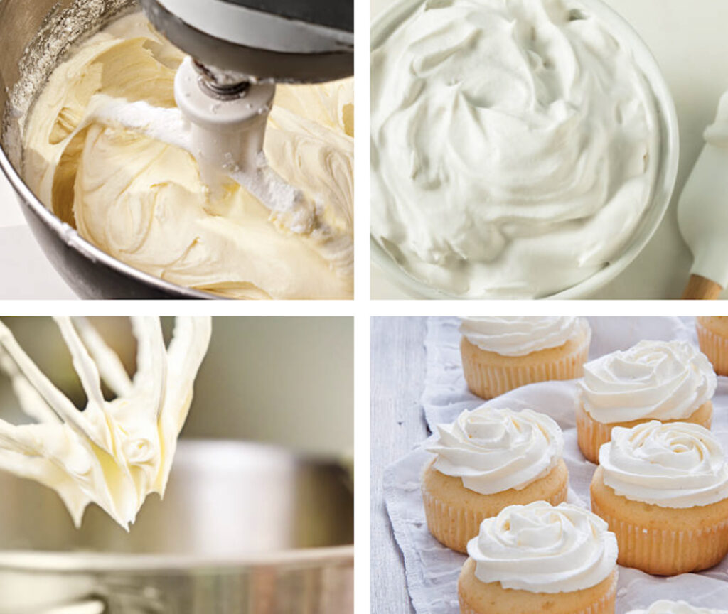collage of in process photos for making buttercream frosting