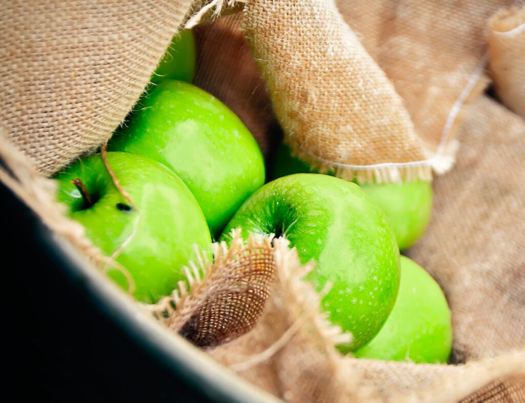 fresh picked green apples in a bucket with burlap