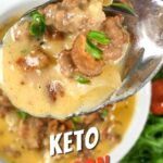 closeup spoonful of keto bacon cheeseburger soup from Flavor Portal recipe over a bowl of keto bacon cheeseburger soup