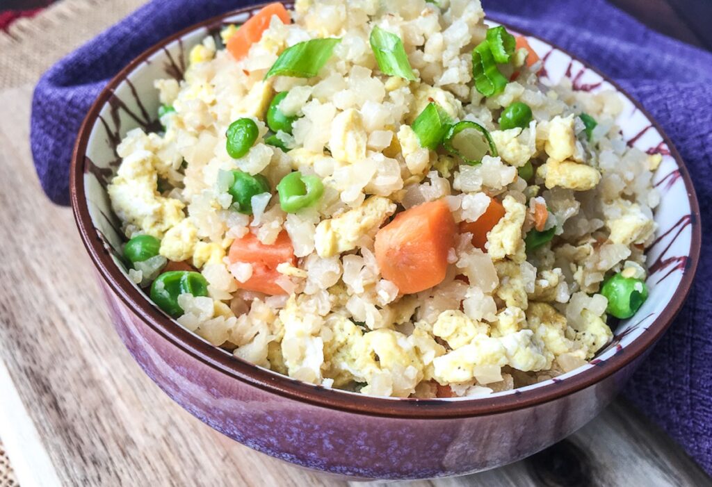 keto cauliflower fried rice from Flavor Portal recipe in ceramic bowl