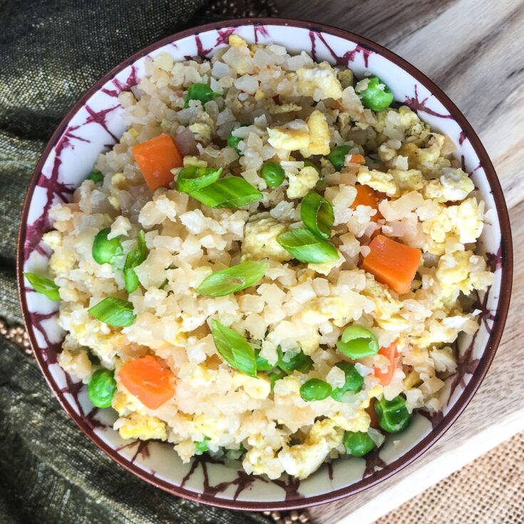 keto cauliflower fried rice from Flavor Portal recipe in ceramic bowl