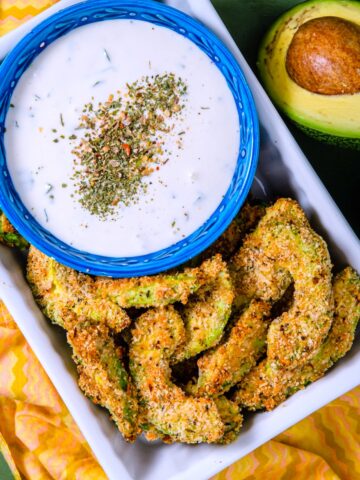 keto avocado fries from Flavor Portal recipe with dip and lemon slices