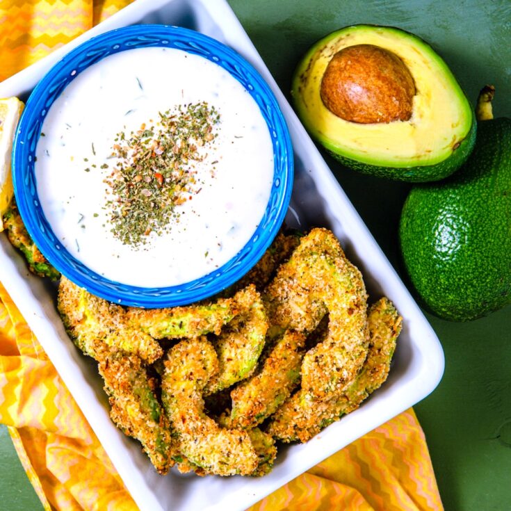 keto avocado fries from Flavor Portal recipe with dip and lemon slices