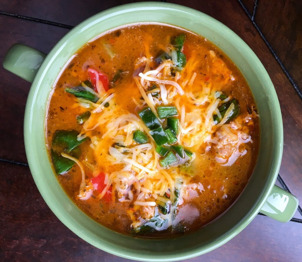 keto sausage soup from Flavor Portal recipe in green ceramic bowl