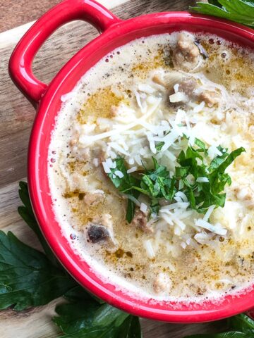 keto turkey mushroom soup from flavor portal recipe in a red ceramic bowl