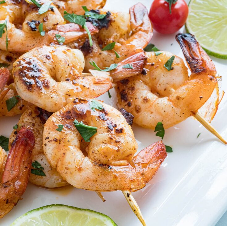 close up of chipotle lime shrimp skewers