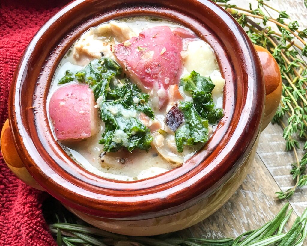 chunky bacon potato soup from Flavor Portal recipe in a brown ceramic soup bowl