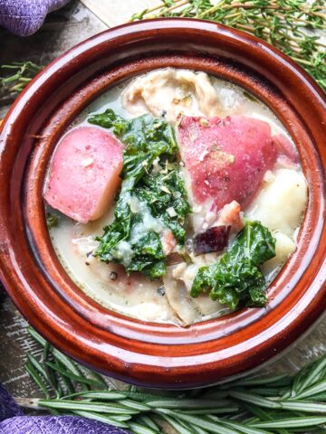 chunky bacon potato soup from Flavor Portal recipe in a brown ceramic soup bowl