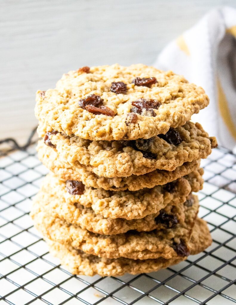 5 classic oatmeal raisin cookies from Flavor Portal recipe stacked on a baking rack