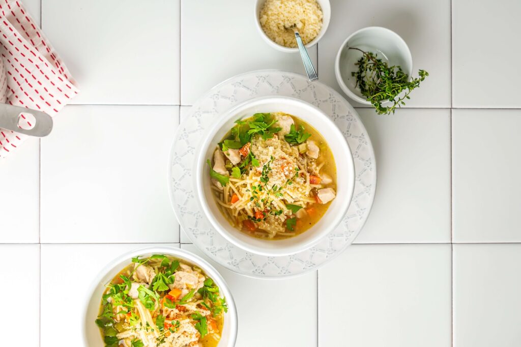 san marino chicken fideo soup in white bowls top view for flavor portal