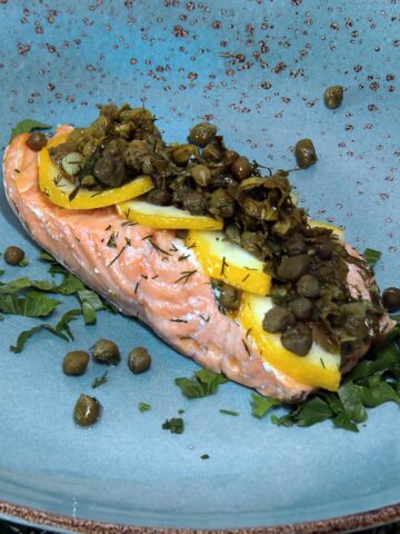 salmon en papilotte from Flavor Portal recipe on a blue plate
