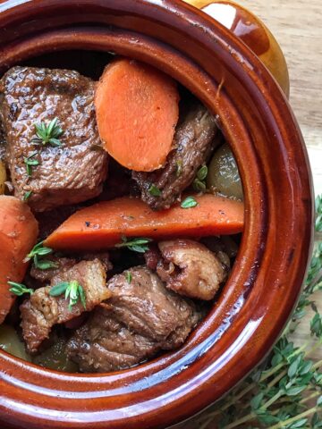 Braised beef burgundy from FLavor Portal recipe in a ceramic bowl