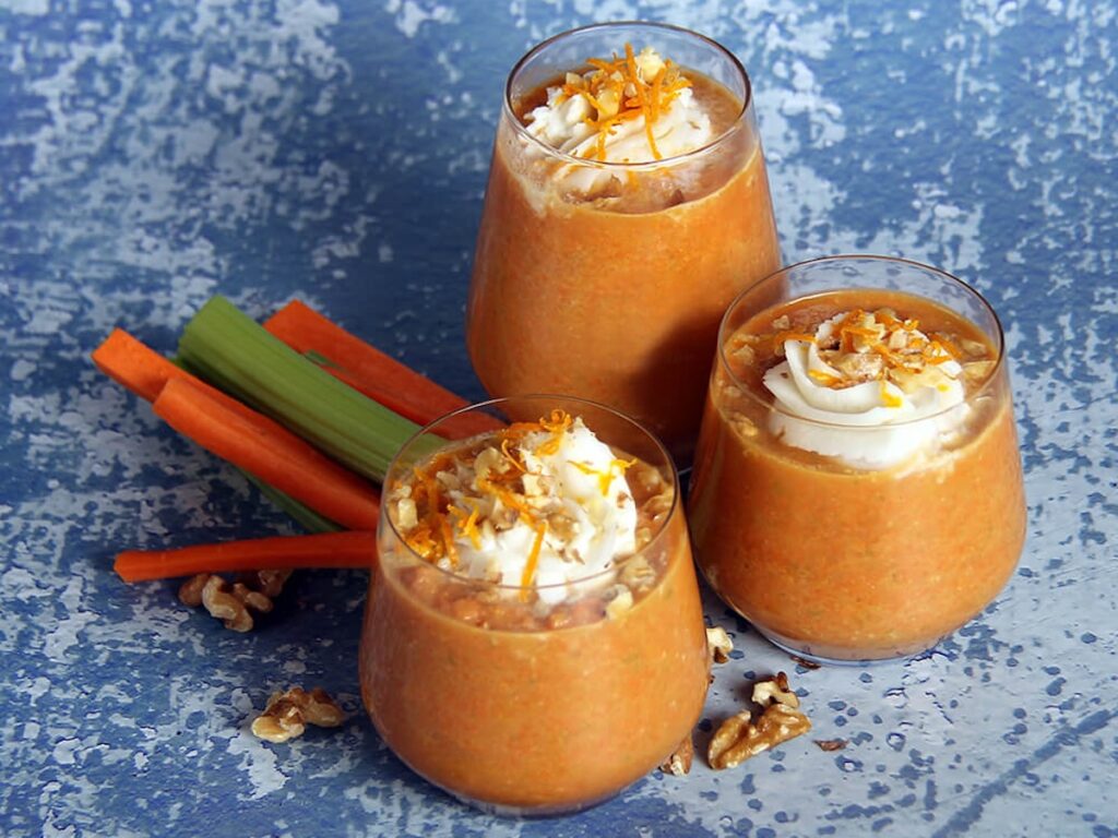 three glasses of carrot cake smoothie from Flavor Portal recipe