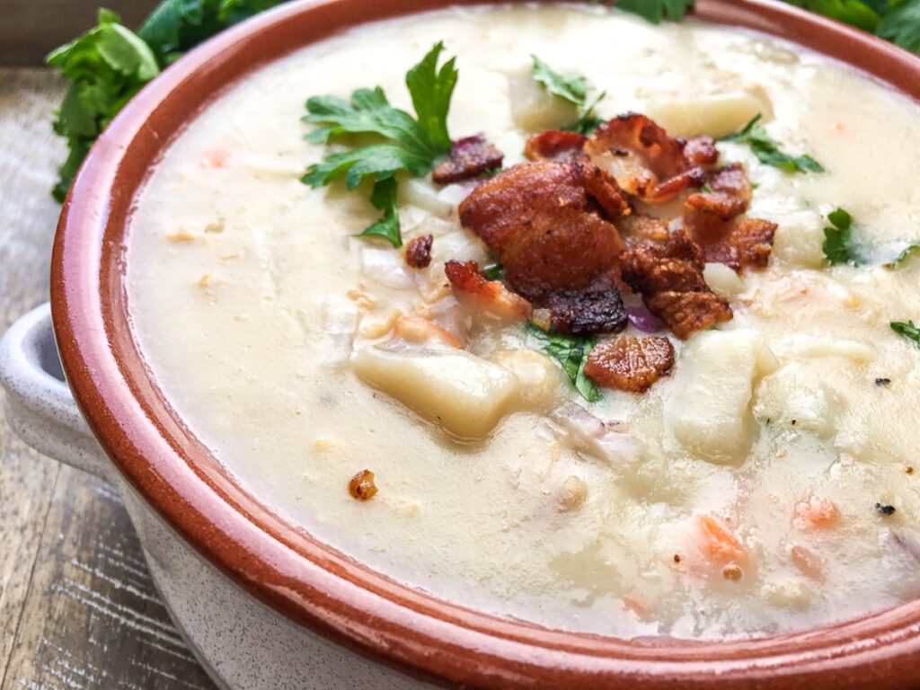 new england clam chowder from Flavor Portal recipe in a ceramic bowl