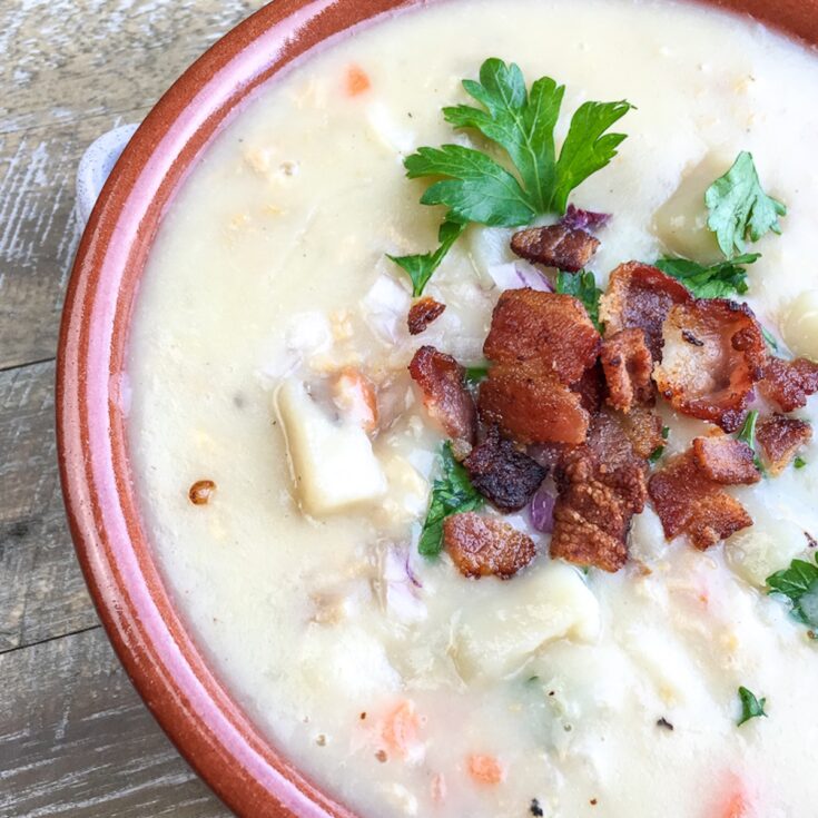 new england clam chowder from Flavor Portal recipe in a ceramic bowl