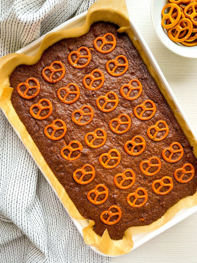 pan of fresh baked salted pretzel brownies from Flavor Portal recipe