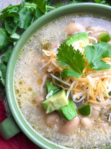 white chicken chili soup from Flavor Portal recipe in a green ceramic bowl