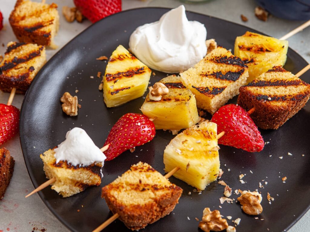 grilled pound cake, pineapple and strawberries on skewers from Flavor Portal recipe