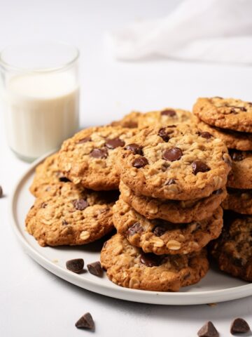 plate of oatmeal chocolate chip cookies with a glass of milk