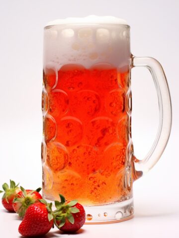 strawberry beer in a glass mug next to three strawberries