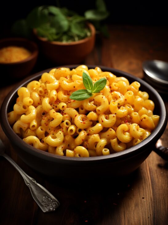 black bowl of elbow macaroni in a creamy cheese sauce garnished with red pepper and a green sprig