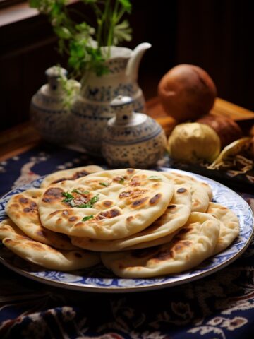 Bosnian pita bread on a plate with a traditional pattern