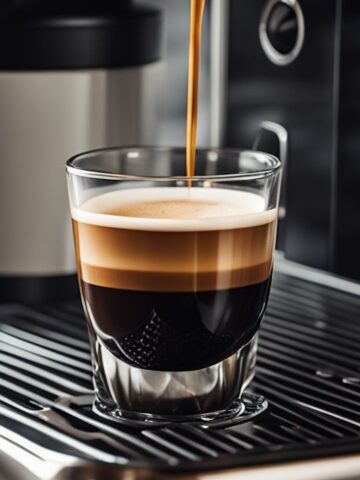 closeup of espresso pouring into a glass cup sitting in a Nespresso machine