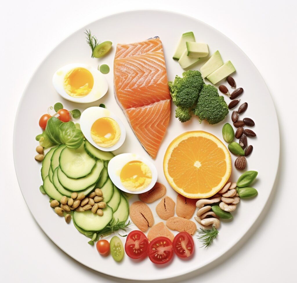 top view of a platter filled with nutritious foods for delicious bariatric recipes like salmon, eggs, broccoli, avocado, nuts and berries, lemon slices, chopped red onion and more.