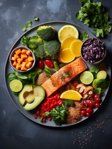 top view of a platter filled with nutritious foods for delicious bariatric recipes like salmon, broccoli, avocado, nuts and berries, lemon slices, chopped red onion and more.