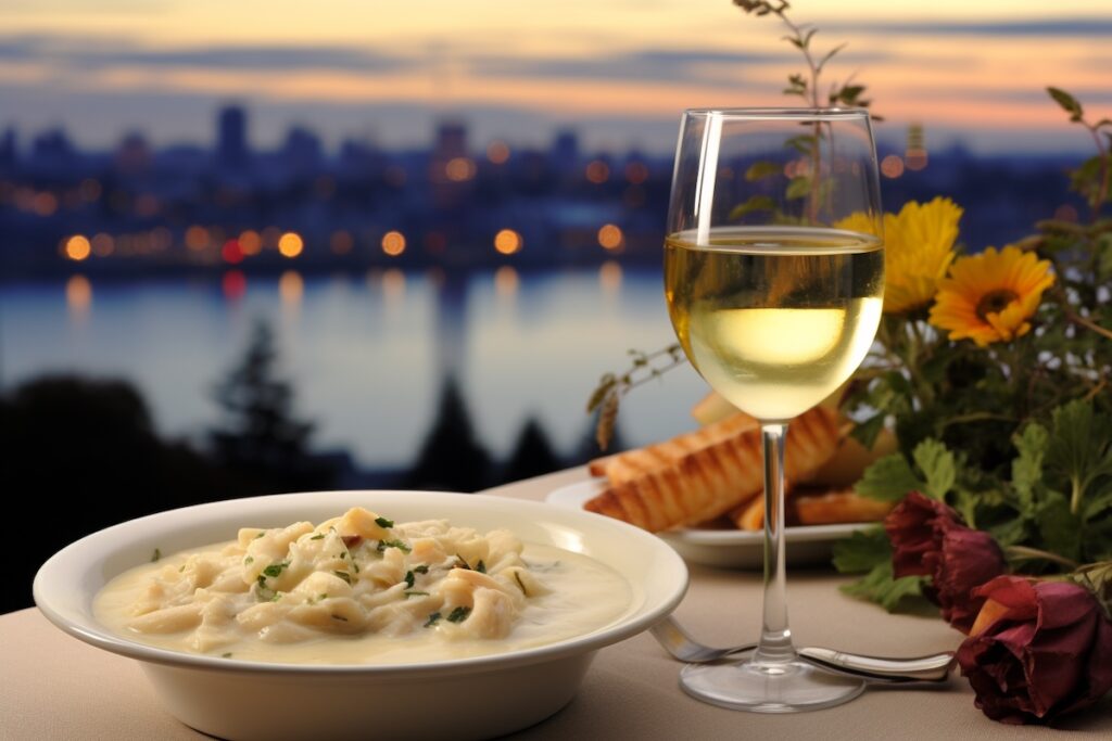 bowl of new england clam chowder with a glass of white wine