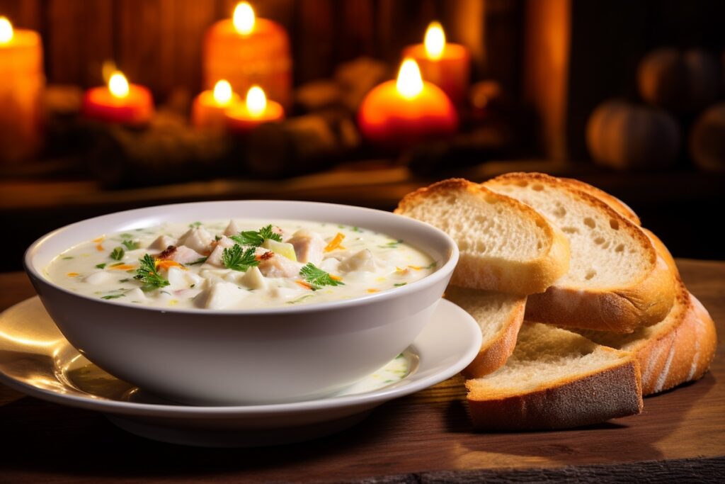 bowl of new england clam chowder with a glass of white wine with candles in the background